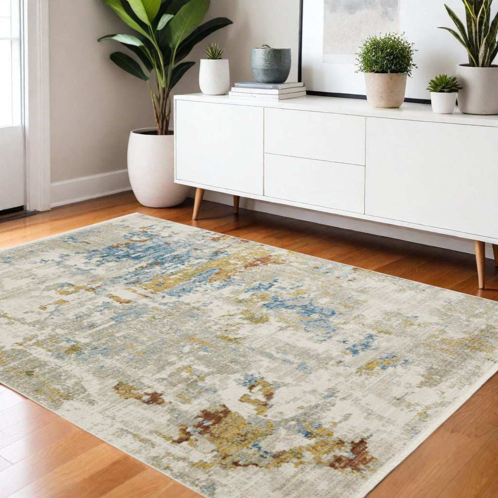 4' X 6' Beige Grey Gold Blue Rust And Teal Abstract Power Loom Stain Resistant Area Rug With Fringe - Homeroots - Flyclothing LLC