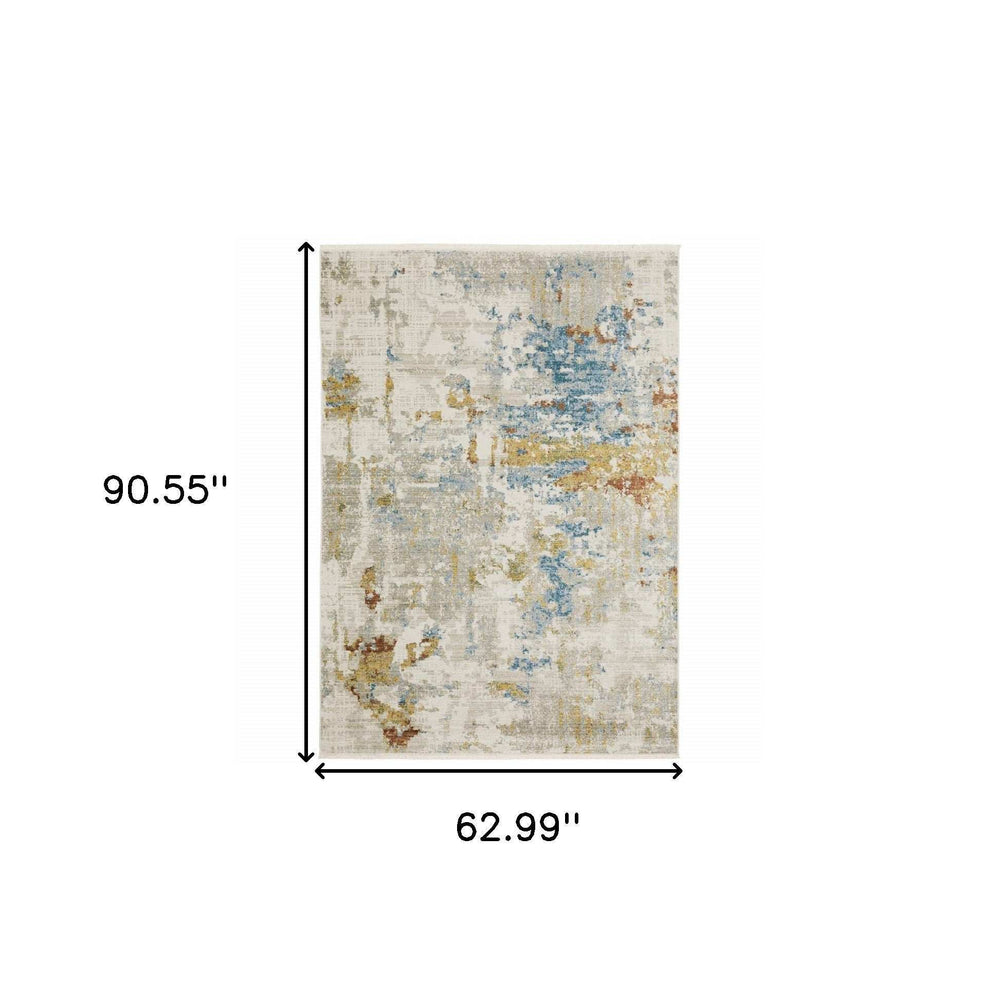 5' X 8' Beige Grey Gold Blue Rust And Teal Abstract Power Loom Stain Resistant Area Rug With Fringe - Homeroots - Flyclothing LLC