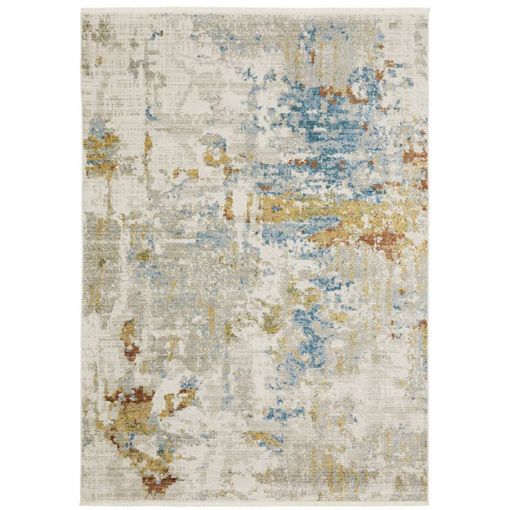 5' X 8' Beige Grey Gold Blue Rust And Teal Abstract Power Loom Stain Resistant Area Rug With Fringe - Homeroots - Flyclothing LLC