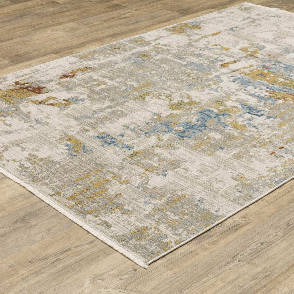 10' X 13' Beige Grey Gold Blue Rust And Teal Abstract Power Loom Stain Resistant Area Rug With Fringe - Homeroots - Flyclothing LLC