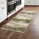 8' Grey Gold Black Charcoal And Beige Abstract Power Loom Runner Rug With Fringe - Homeroots - Flyclothing LLC