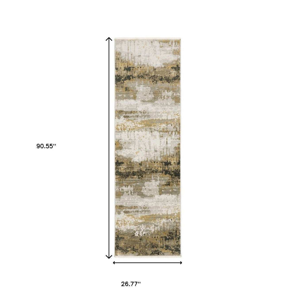 8' Grey Gold Black Charcoal And Beige Abstract Power Loom Runner Rug With Fringe - Homeroots - Flyclothing LLC