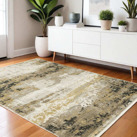 4' X 6' Grey Gold Black Charcoal And Beige Abstract Power Loom Stain Resistant Area Rug With Fringe - Homeroots - Flyclothing LLC