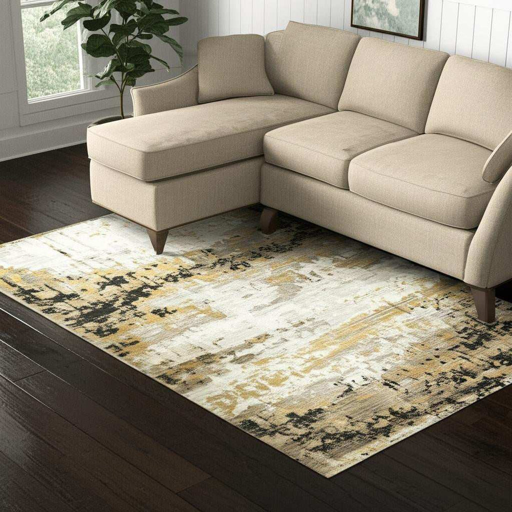 5' X 8' Grey Gold Black Charcoal And Beige Abstract Power Loom Stain Resistant Area Rug With Fringe - Homeroots - Flyclothing LLC