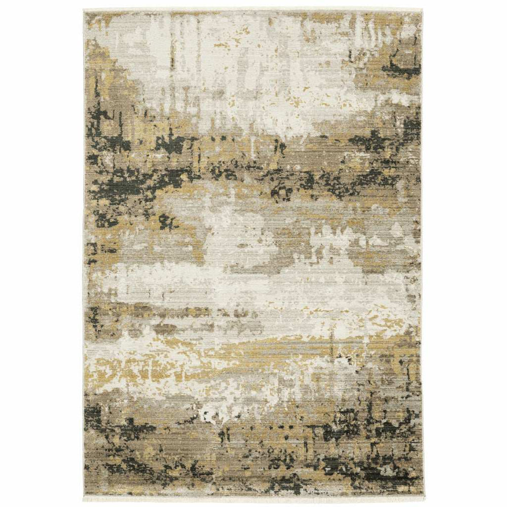 8' X 11' Grey Gold Black Charcoal And Beige Abstract Power Loom Stain Resistant Area Rug With Fringe - Homeroots - Flyclothing LLC