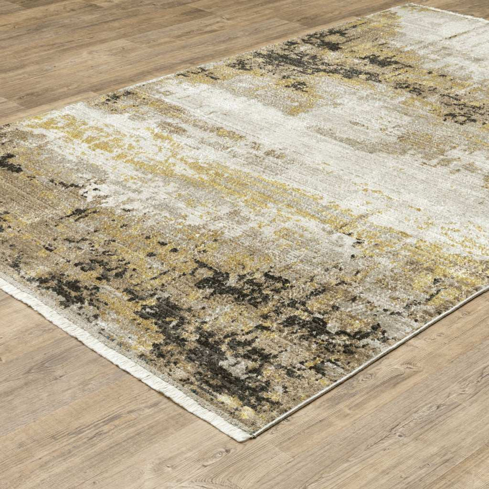 10' X 13' Grey Gold Black Charcoal And Beige Abstract Power Loom Stain Resistant Area Rug With Fringe - Homeroots - Flyclothing LLC