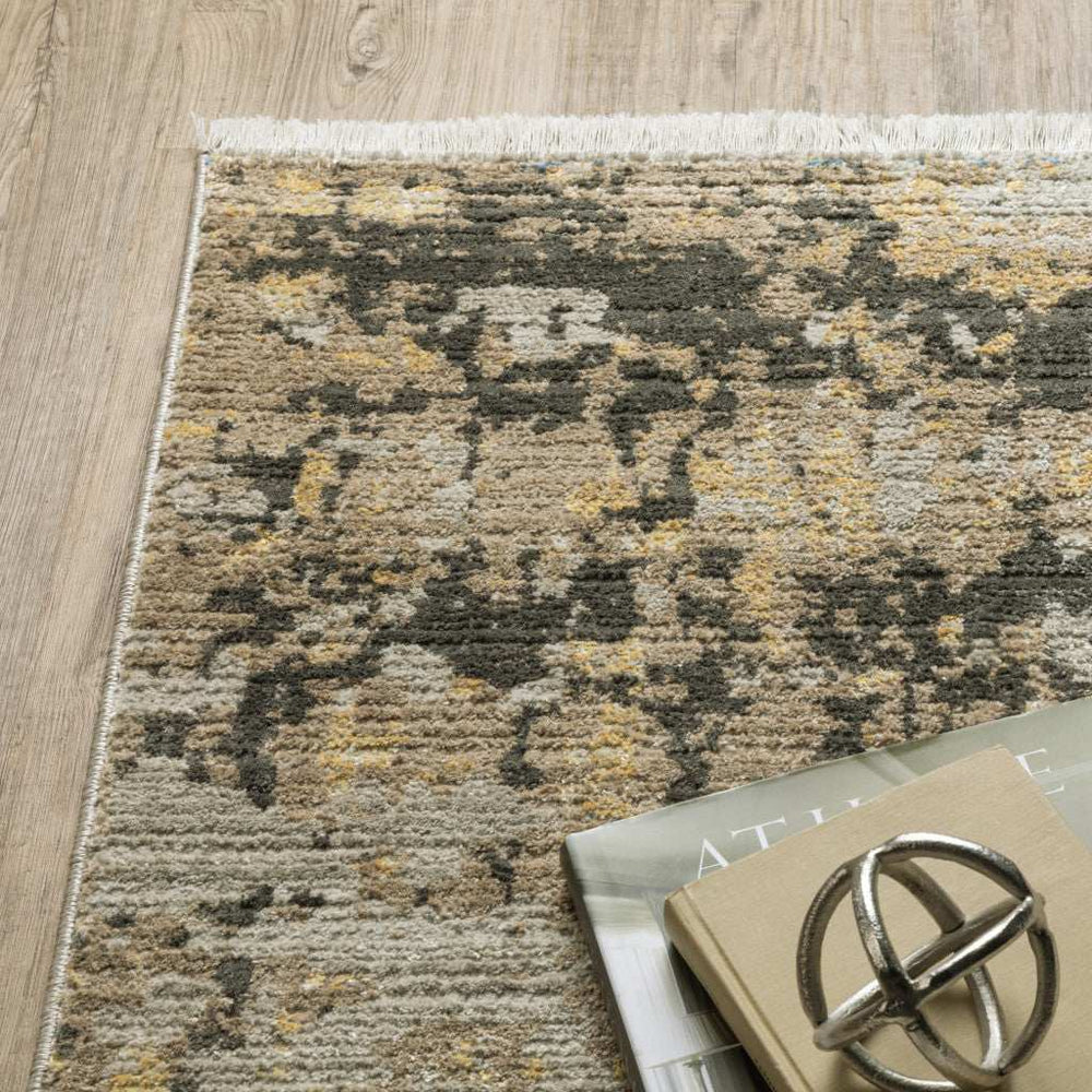 10' X 13' Grey Gold Black Charcoal And Beige Abstract Power Loom Stain Resistant Area Rug With Fringe - Homeroots - Flyclothing LLC