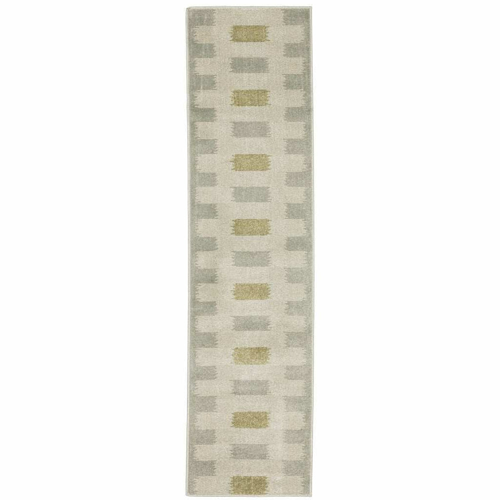 2' X 8' Beige Grey Gold And Green Geometric Power Loom Stain Resistant Runner Rug - Homeroots - Flyclothing LLC