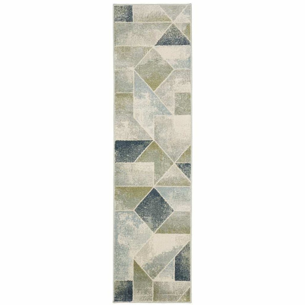 2' X 8' Blue Green Grey Gold And Ivory Geometric Power Loom Stain Resistant Runner Rug - Homeroots - Flyclothing LLC