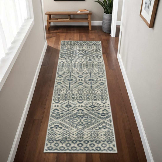 2' X 8' Blue And Beige Geometric Power Loom Stain Resistant Runner Rug - Homeroots - Flyclothing LLC