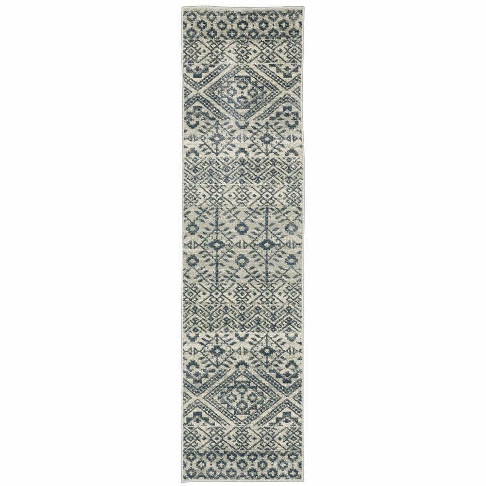2' X 8' Blue And Beige Geometric Power Loom Stain Resistant Runner Rug - Homeroots - Flyclothing LLC