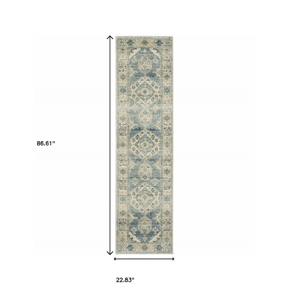 2' X 8' Blue Grey Beige And Teal Oriental Power Loom Stain Resistant Runner Rug - Homeroots - Flyclothing LLC