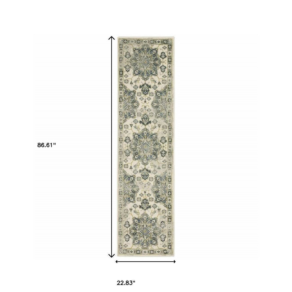 2' X 8' Ivory Blue Teal Grey And Olive Green Oriental Power Loom Stain Resistant Runner Rug - Homeroots - Flyclothing LLC