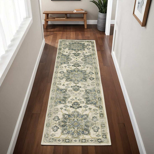 2' X 8' Ivory Blue Teal Grey And Olive Green Oriental Power Loom Stain Resistant Runner Rug - Homeroots - Flyclothing LLC