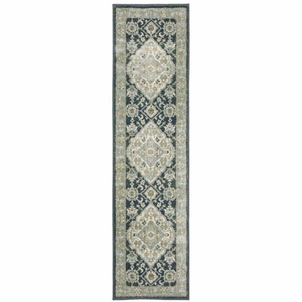 2' X 8' Teal Blue Ivory Green And Grey Oriental Power Loom Stain Resistant Runner Rug - Homeroots - Flyclothing LLC