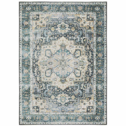 2' X 3' Blue Ivory Teal Brown And Gold Oriental Printed Stain Resistant Non Skid Area Rug - Homeroots - Flyclothing LLC