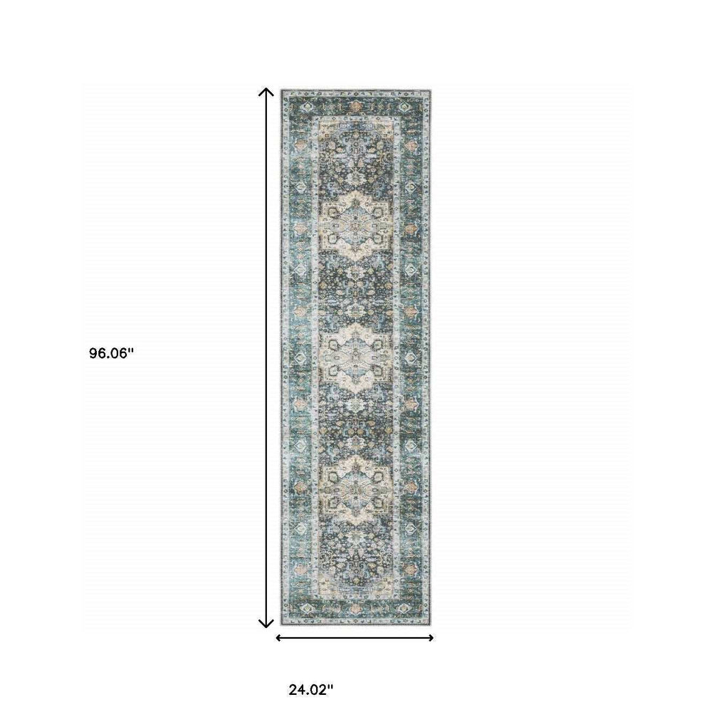 2' X 8' Blue Ivory Teal Brown And Gold Oriental Printed Stain Resistant Non Skid Runner Rug - Homeroots - Flyclothing LLC