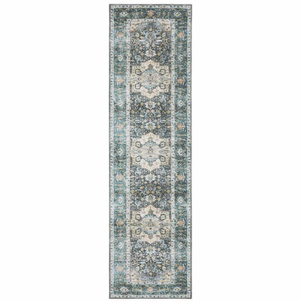 2' X 8' Blue Ivory Teal Brown And Gold Oriental Printed Stain Resistant Non Skid Runner Rug - Homeroots - Flyclothing LLC