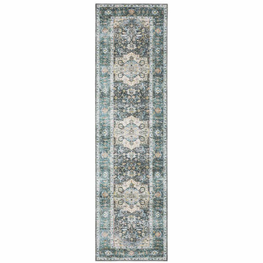 2' X 8' Blue Ivory Teal Brown And Gold Oriental Printed Stain Resistant Non Skid Runner Rug - Homeroots - Flyclothing LLC
