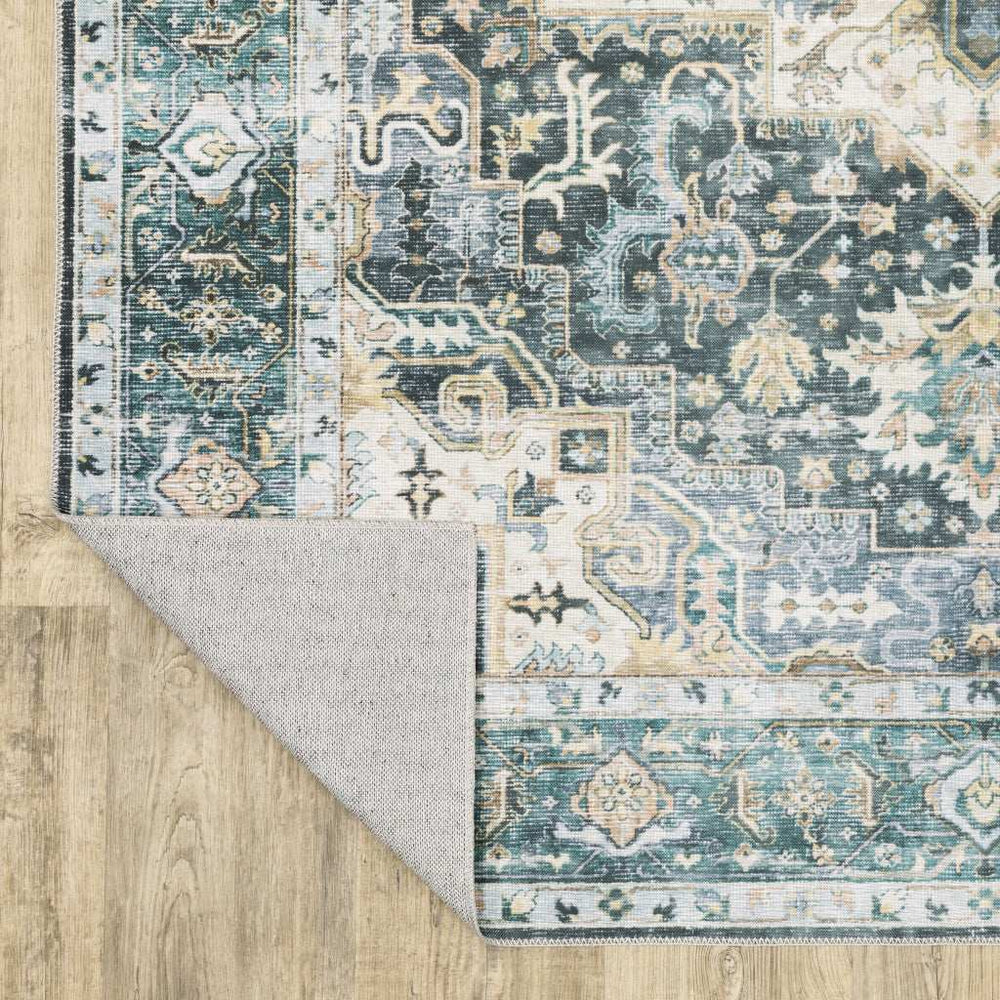 2' X 8' Blue Ivory Teal Brown And Gold Oriental Printed Stain Resistant Non Skid Runner Rug - Homeroots - Flyclothing LLC