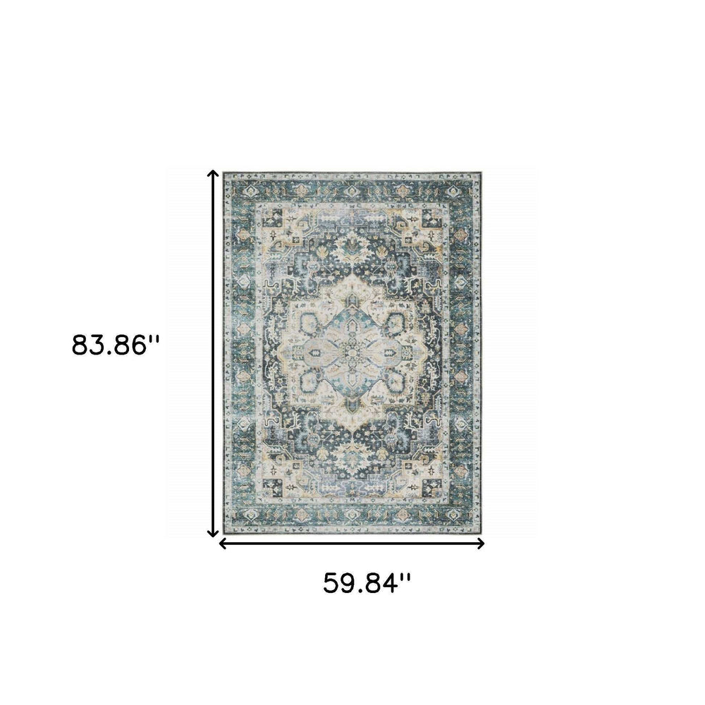 5' X 7' Blue Ivory Teal Brown And Gold Oriental Printed Stain Resistant Non Skid Area Rug - Homeroots - Flyclothing LLC