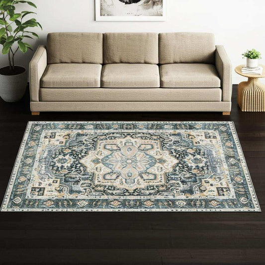5' X 7' Blue Ivory Teal Brown And Gold Oriental Printed Stain Resistant Non Skid Area Rug - Homeroots - Flyclothing LLC