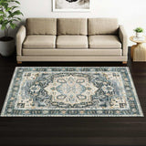 5' X 7' Blue Ivory Teal Brown And Gold Oriental Printed Stain Resistant Non Skid Area Rug - Homeroots - Flyclothing LLC