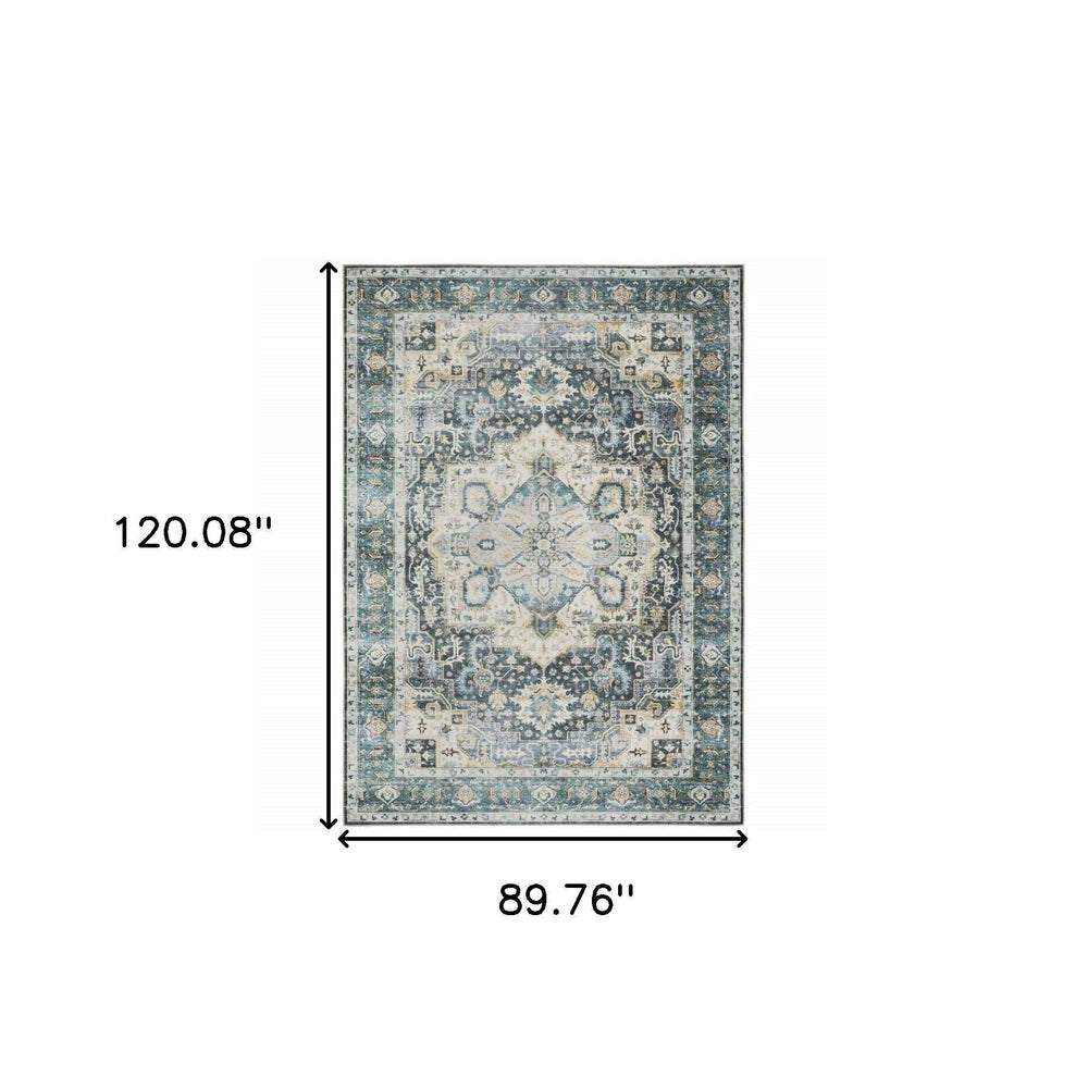 7' X 10' Blue Ivory Teal Brown And Gold Oriental Printed Stain Resistant Non Skid Area Rug - Homeroots - Flyclothing LLC
