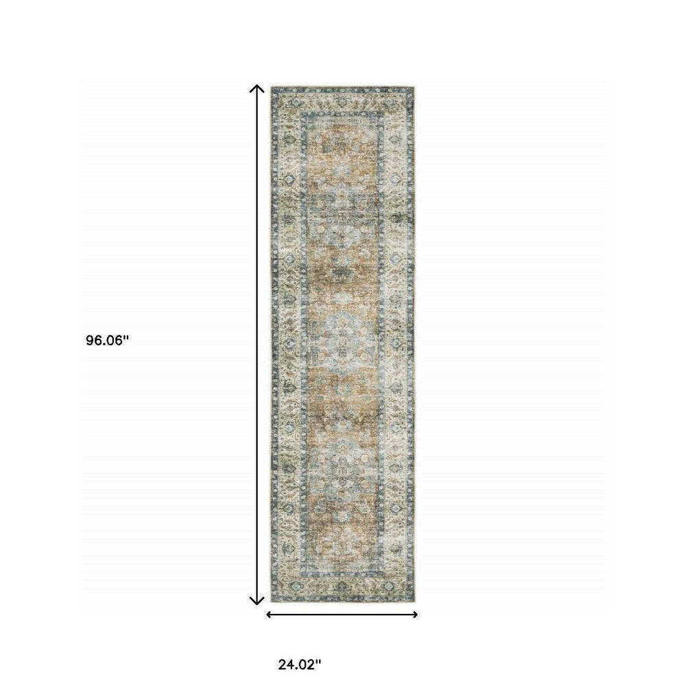 2' X 8' Blue Gold Brown Green And Salmon Oriental Printed Stain Resistant Non Skid Runner Rug - Homeroots - Flyclothing LLC