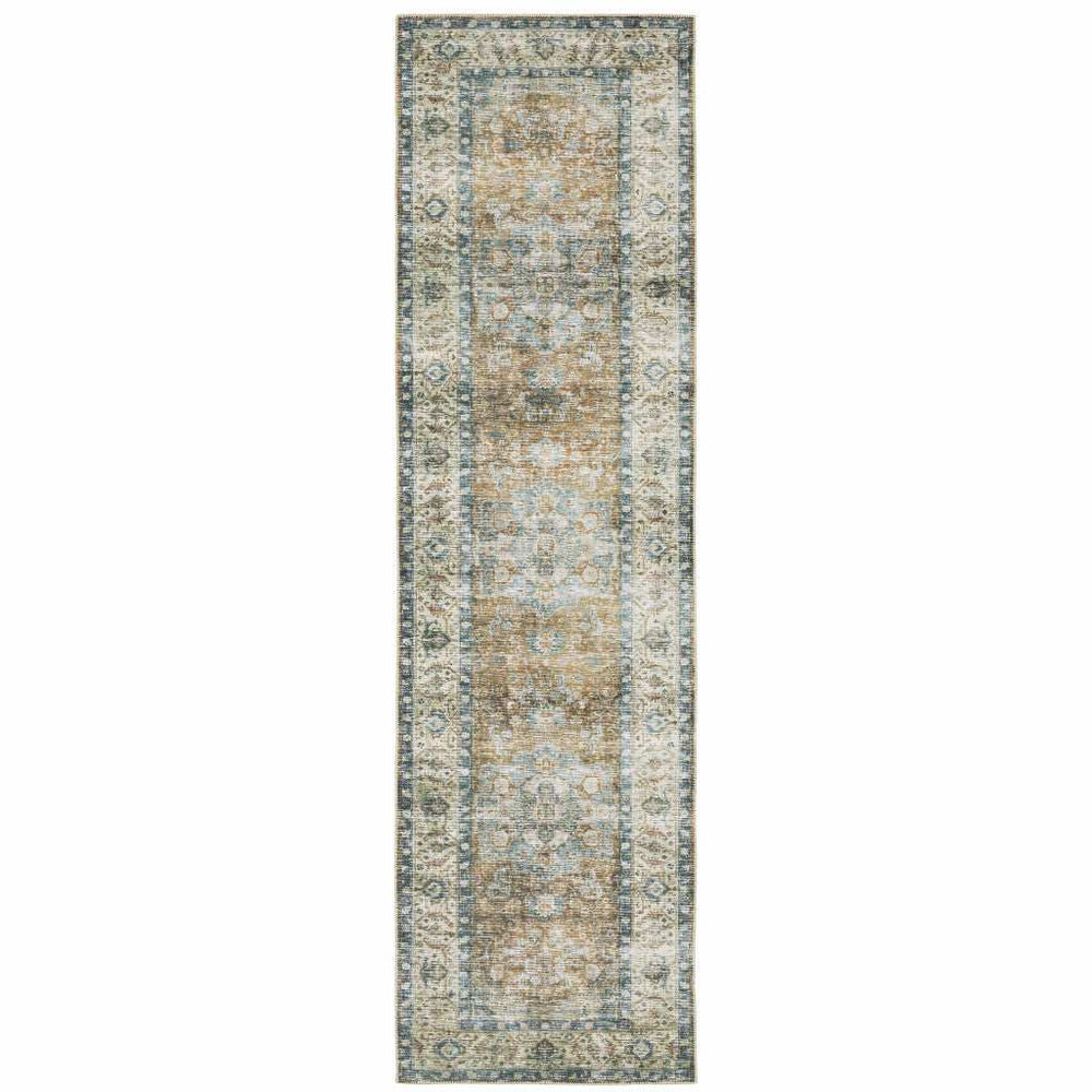 2' X 8' Blue Gold Brown Green And Salmon Oriental Printed Stain Resistant Non Skid Runner Rug - Homeroots - Flyclothing LLC