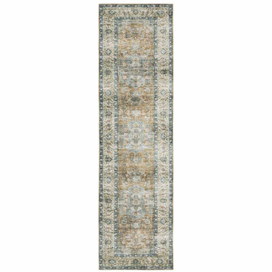 2' X 8' Blue Gold Brown Green And Salmon Oriental Printed Stain Resistant Non Skid Runner Rug - Homeroots - Flyclothing LLC