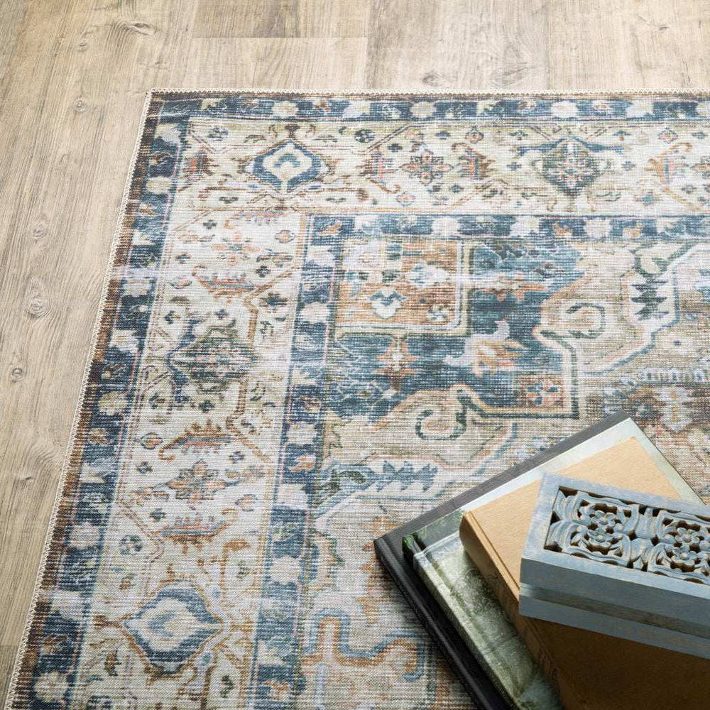 4' X 6' Blue Gold Brown Green And Salmon Oriental Printed Stain Resistant Non Skid Area Rug - Homeroots - Flyclothing LLC