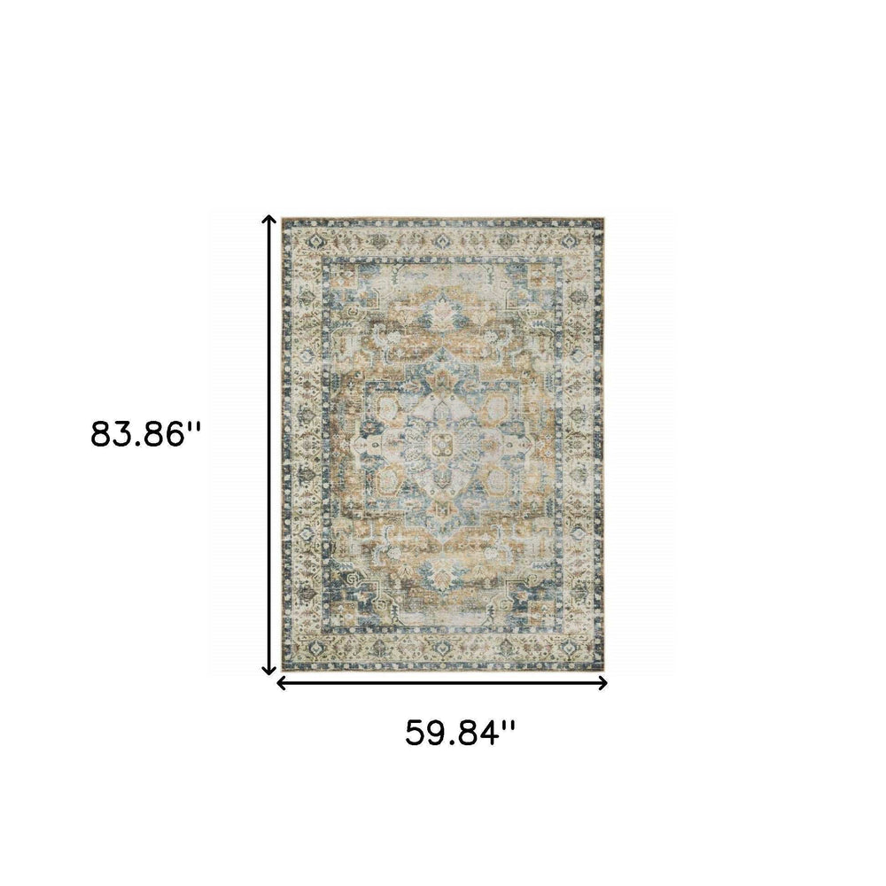 5' X 7' Blue Gold Brown Green And Salmon Oriental Printed Stain Resistant Non Skid Area Rug - Homeroots - Flyclothing LLC