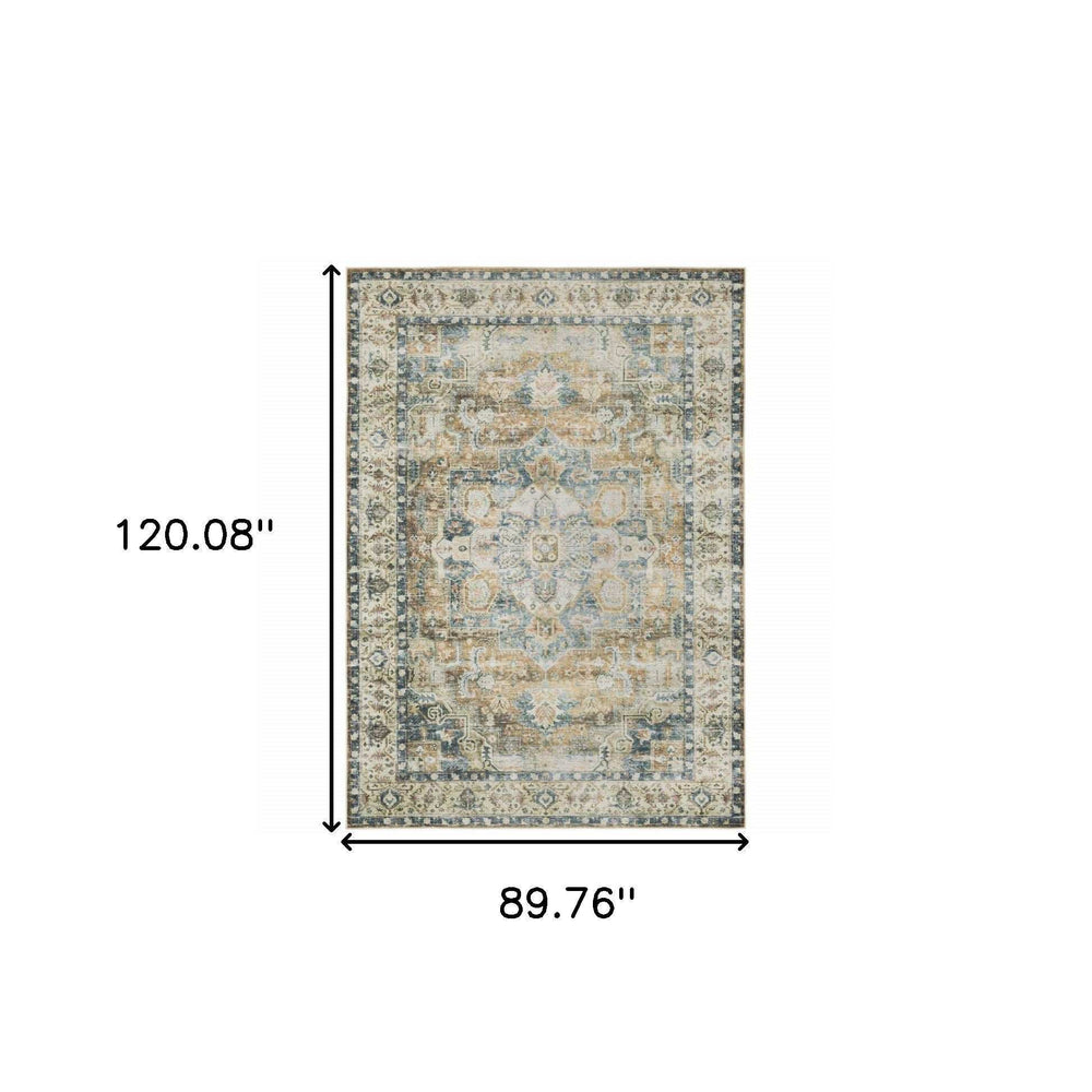 7' X 10' Blue Gold Brown Green And Salmon Oriental Printed Stain Resistant Non Skid Area Rug - Homeroots - Flyclothing LLC