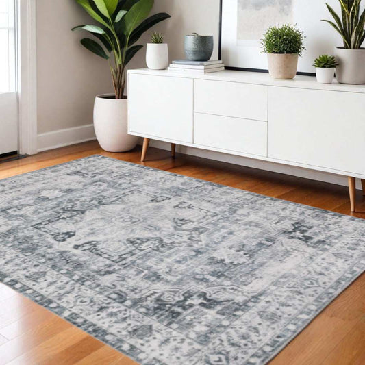 4' X 6' Navy Blue Ivory And Grey Oriental Printed Stain Resistant Non Skid Area Rug - Homeroots - Flyclothing LLC