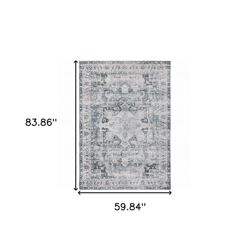 5' X 7' Navy Blue Ivory And Grey Oriental Printed Stain Resistant Non Skid Area Rug - Homeroots - Flyclothing LLC