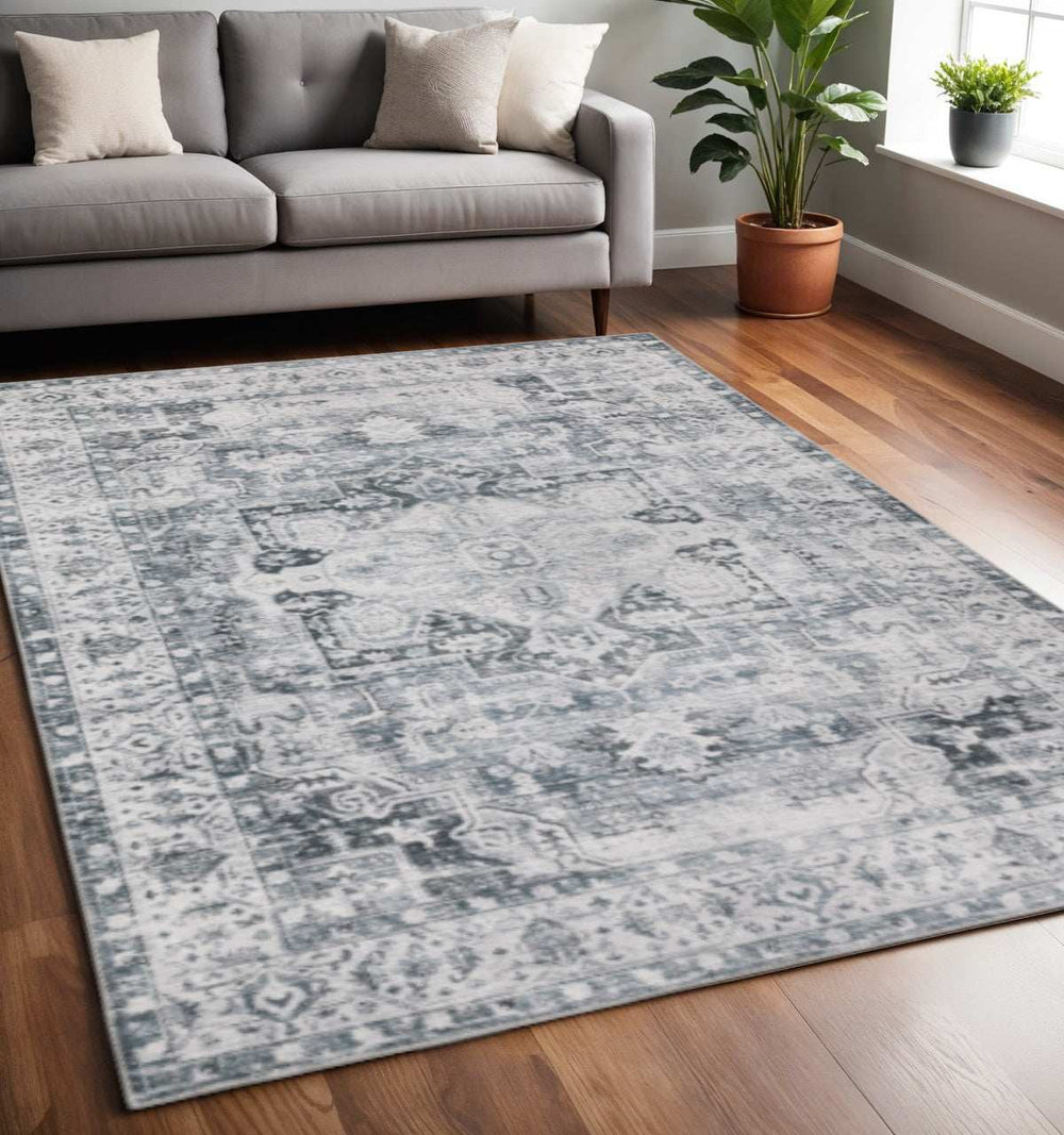 5' X 7' Navy Blue Ivory And Grey Oriental Printed Stain Resistant Non Skid Area Rug - Homeroots - Flyclothing LLC