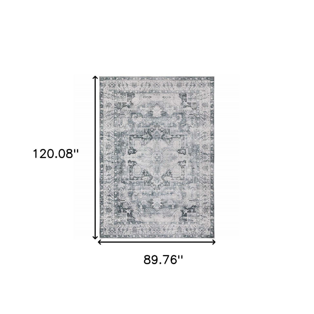 7' X 10' Navy Blue Ivory And Grey Oriental Printed Stain Resistant Non Skid Area Rug - Homeroots - Flyclothing LLC