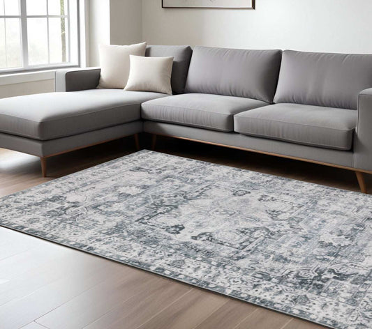 7' X 10' Navy Blue Ivory And Grey Oriental Printed Stain Resistant Non Skid Area Rug - Homeroots - Flyclothing LLC