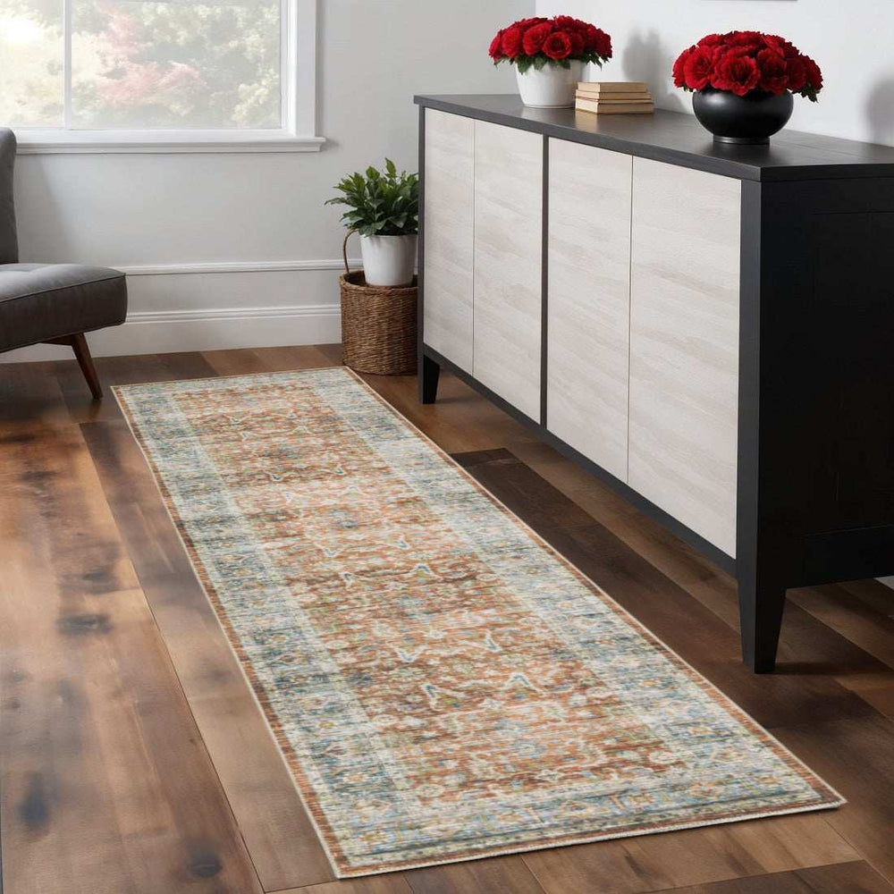 2' X 8' Rust Blue Ivory And Gold Oriental Printed Stain Resistant Non Skid Runner Rug - Homeroots - Flyclothing LLC