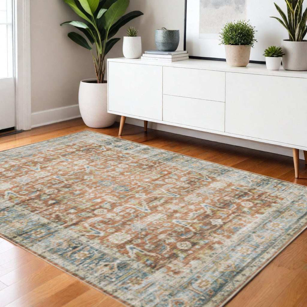 5' X 7' Rust Blue Ivory And Gold Oriental Printed Stain Resistant Non Skid Area Rug - Homeroots - Flyclothing LLC