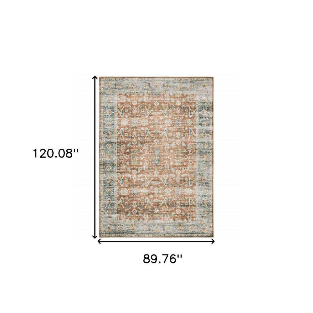 7' X 10' Rust Blue Ivory And Gold Oriental Printed Stain Resistant Non Skid Area Rug - Homeroots - Flyclothing LLC