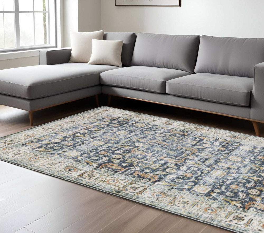 7' X 10' Blue Gold Rust Ivory And Olive Oriental Printed Stain Resistant Non Skid Area Rug - Homeroots - Flyclothing LLC