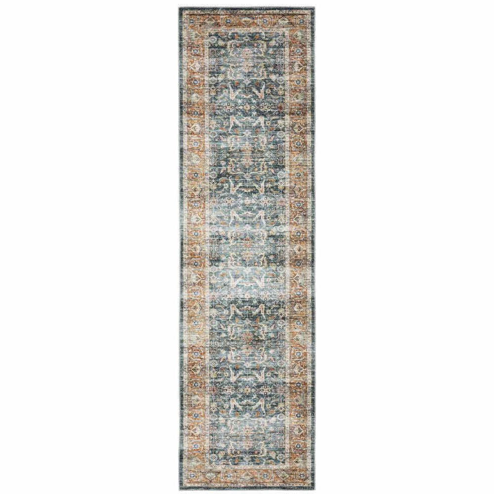 2' X 8' Blue Rust Gold And Olive Oriental Printed Stain Resistant Non Skid Runner Rug - Homeroots - Flyclothing LLC