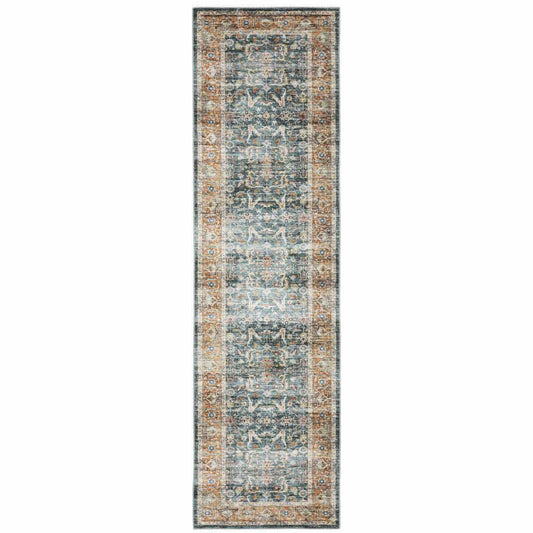 2' X 8' Blue Rust Gold And Olive Oriental Printed Stain Resistant Non Skid Runner Rug - Homeroots - Flyclothing LLC