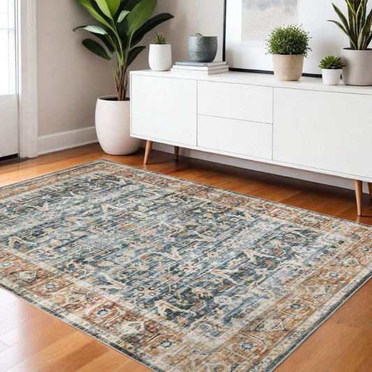 4' X 6' Blue Rust Gold And Olive Oriental Printed Stain Resistant Non Skid Area Rug - Homeroots - Flyclothing LLC