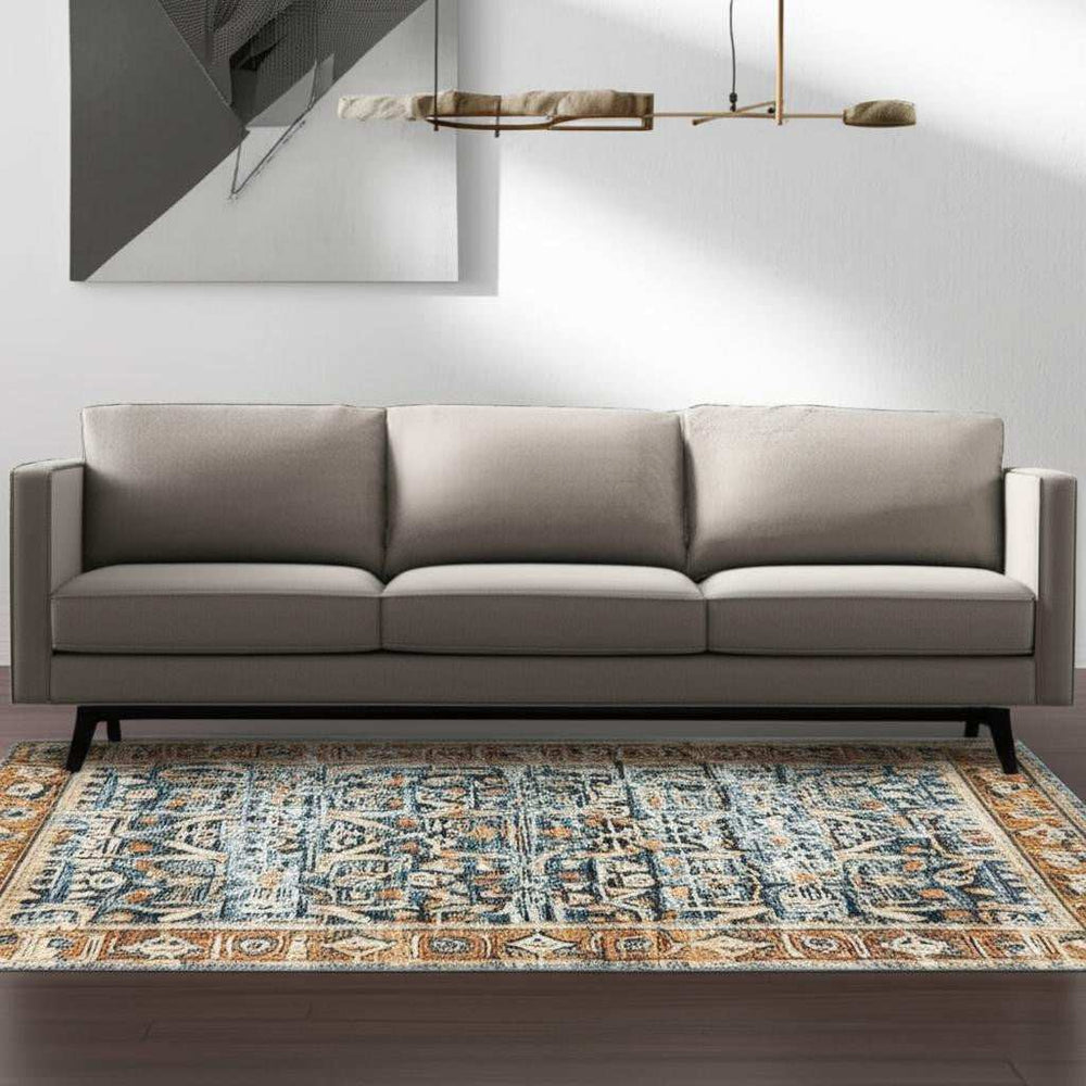 5' X 7' Blue Rust Gold And Olive Oriental Printed Stain Resistant Non Skid Area Rug - Homeroots - Flyclothing LLC