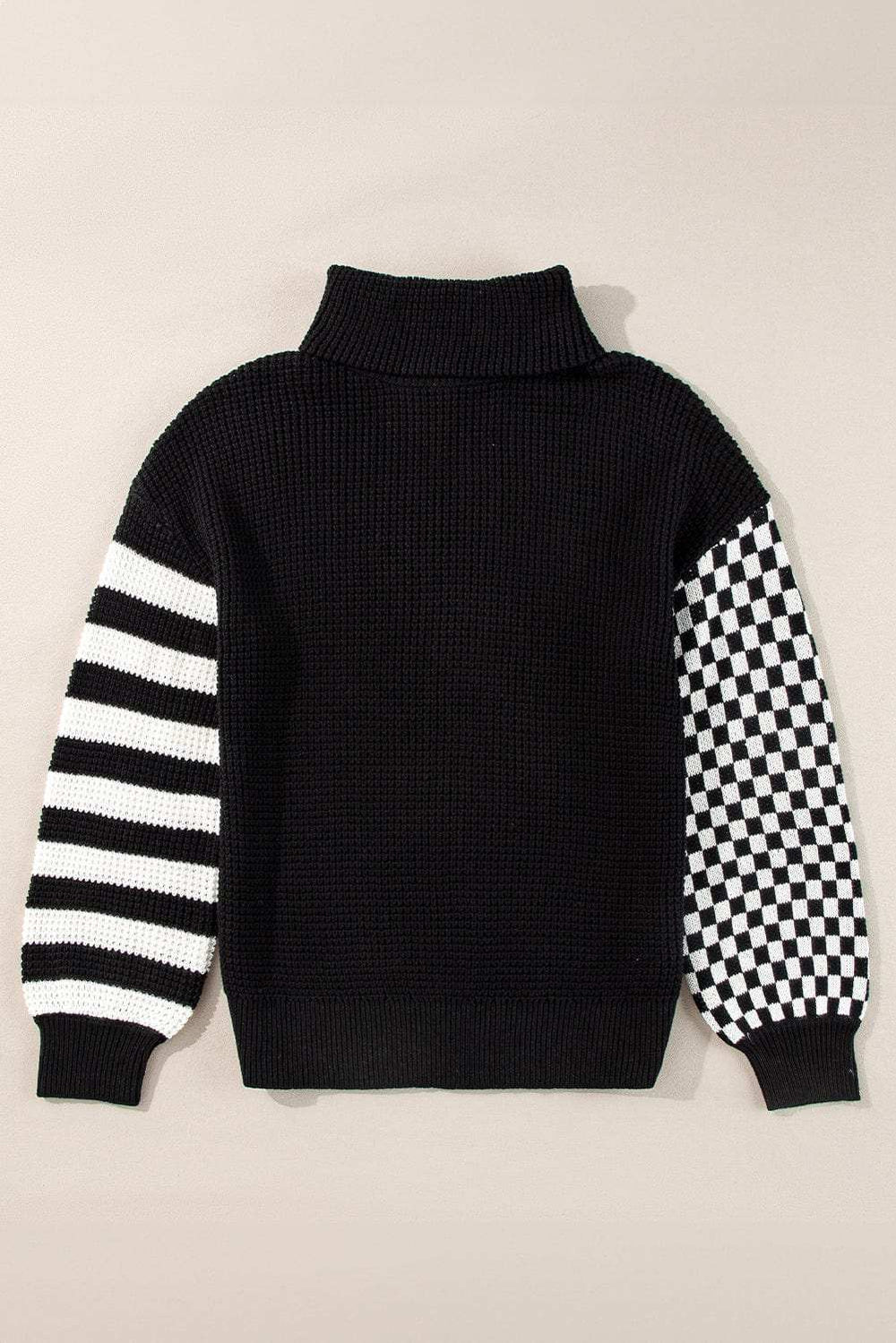 Striped & Checkered Turtleneck Dropped Shoulder Sweater - Trendsi - Flyclothing LLC
