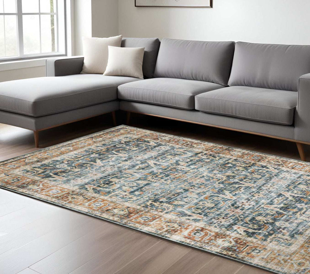 7' X 10' Blue Rust Gold And Olive Oriental Printed Stain Resistant Non Skid Area Rug - Homeroots - Flyclothing LLC