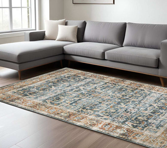 7' X 10' Blue Rust Gold And Olive Oriental Printed Stain Resistant Non Skid Area Rug - Homeroots - Flyclothing LLC